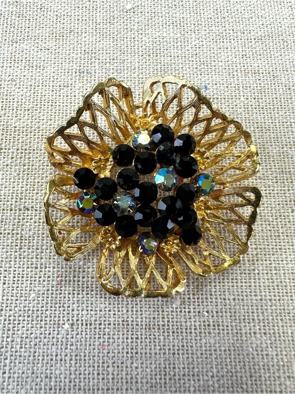 Vintage Coro brooch Vermeil gold black Aurora Borealis crystal pin Accessory